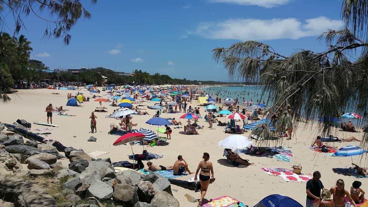 A crowded sandy beach with trees along the shore in Queensland